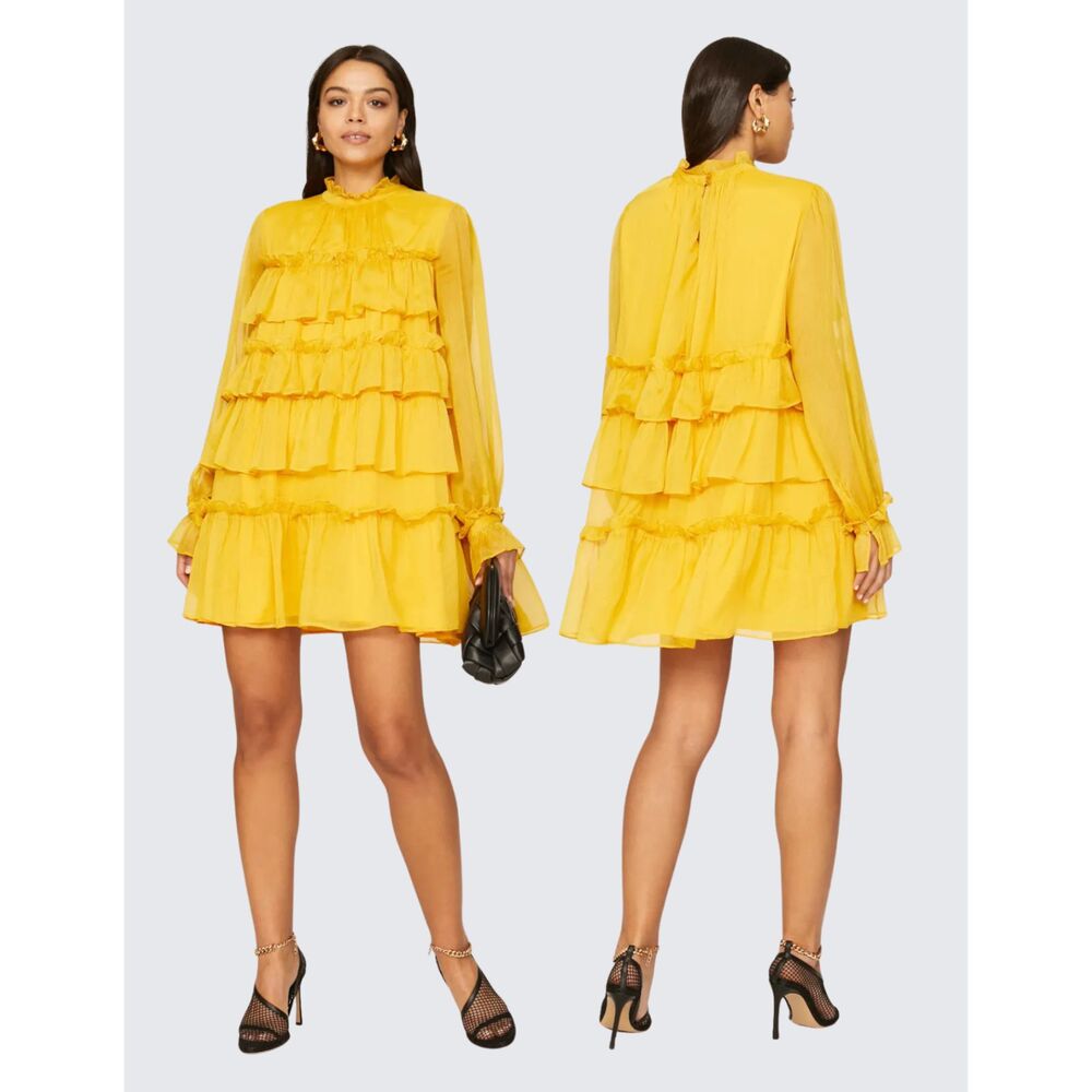 Adam Lippes Yellow Tiered Ruffle Mini Dress